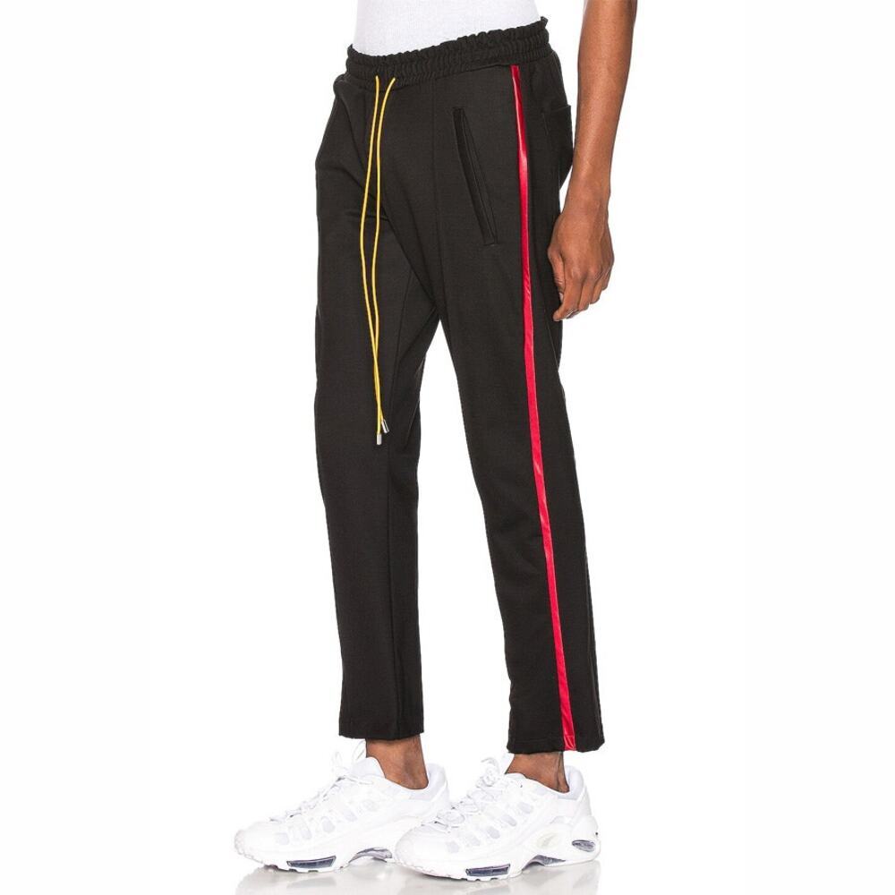 Rhude Black Track Pants with Red Side Stripe and Yellow Drawstrings